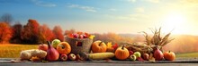 Thanksgiving Basket Of Pumpkins, Apples, And Corn On Harvest. Copy Space For Text.