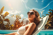 topmodel woman relaxing in a beach chair near a pool