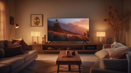 living room bathed in soft evening light, cozy setting, smart tv with voice command logo on screen, 