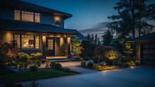 Secure Home Scene - Exterior View Of A Smart Home During Twilight, Security Cameras Clearly Visible, Smart Doorbell Glowing, Lush Suburban Setting, Serene And Safe