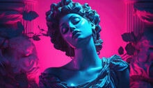 Synthwave Roman Statue Of  A Woman With Headphones Listen To Music And Relax
