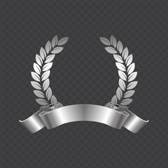Wall Mural - Vector silver laurel with ribbon. Isolated laurel wreath frame. Trophy medal. Award icon, winner emblem. Vector EPS10
