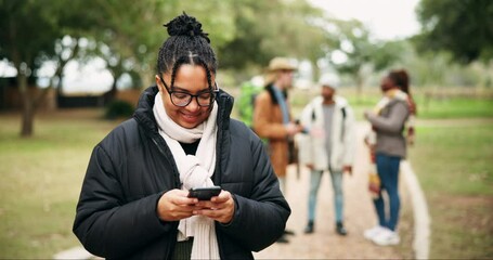 Sticker - Smartphone, woman and typing in nature for hiking, travel and adventure outdoor. Phone, happy and African person in countryside, park or forest for social media, internet or online for winter holiday