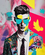 Pop collage Illustration of a handsome male fashion model with sunglasses over scolorful and vibrant patterns and shapes, Fashion, pop art,