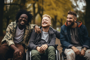 Multi ethnic group having fun in a public park Amputee man hangs out with his friends outdoor Friendship and diversity concept made with AI generative technology