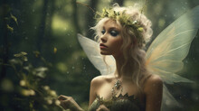 Forest Fairy With Butterfly Wings In A Fairy Tale Forest. Portrait Of A Woman In A Fairy Outfit. Dreamy Fairy Tale  Fairy.  .