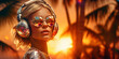 © LiliGraphie - Summer sunset beach disco party. Fashionable girl wearing big headphones and trendy sunglasses