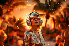 Young Girl Wearing Big Headphones And Amazing Sunglasses. Summer Sunset Beach Disco Party