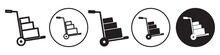 Hand Truck Symbol Icon. Cargo Weight Lifting Moving In Industrial Warehouse Use For Product Heavy Package Box Shipment. Vector Set Collection Of Logistic Cardboard Cart Forklift For Freight Parcel