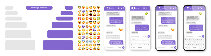 Smartphone messaging app, user interface design with emoji. SMS text frame. Chat screen with violet message bubbles. Texting app for communication. Social media application. Vector illustration