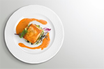 Wall Mural - Grilled salmon fish fillets steaks with herb