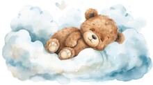 Cute Teddy Bear Sleeps On A Cloud, Watercolor On A White Isolated Background. Generative AI