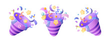 Party Popper Emoji. Confetti Fireworks For The Event Happy Birthday, Victory Concept, Winner Prize. Vector Illustration.