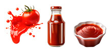 Tomato Splash, Bottled Tomato Sauce And Sauce Served On Small Pot On Isolated Transparent Background