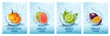 Set of labels with fruit and vegetables drink. Fresh fruits juice splashing together- papaya, passion fruit, mint, limem pumpkin in water drink splashing. Vector illustration.
