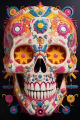 Poster - a skull with colorful gears. Generative AI Art.