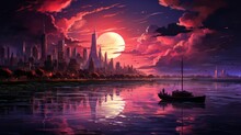 A Beautiful Sunset Over A Futuristic City With A Lake In The Foreground. Generative AI. 