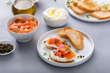 Wall Mural - Salmon and cream cheese bruschetta with dill and capers
