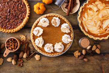 Wall Mural - Variety of traditional Thanksgiving pies on light background