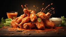 Buffalo Wings With Melted Hot Sauce On A Wooden Table With A Blurred Background