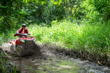 Poster - man riding atv vehicle on off road track ,people outdoor sport activities theme