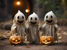 3 Little Kids In Cute Ghost Costumes With Halloween Celebration