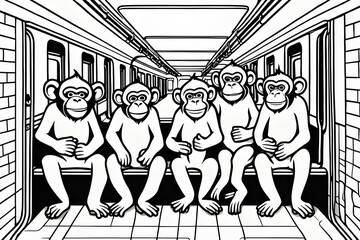 colorful coloring art page, black thin line art, three-monkeys-in-the-subway-, c4d, white background Generative AI