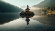 Many Stones Balanced And Standing In Front Of A Body Of Water.