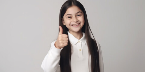 Happy school girl giving thumbs up on a solid background