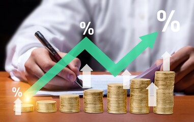 Poster - Interest rate concept, Businessman calculate dividend tax