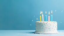 Birthday Cake With 5 (five) Candles On Pastel Blue Background With Copyspace