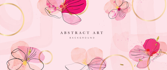 Wall Mural - Floral in watercolor vector background. Luxury wallpaper design with pink flowers, line art, watercolor, flower garden. Elegant gold blossom flowers illustration suitable for fabric, prints, cover.
