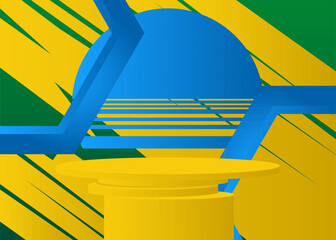 Wall Mural - Blue, green and yellow vector product display. Mockup cylinder pedestal podium. Minimal geometric stage showcase for presentation.