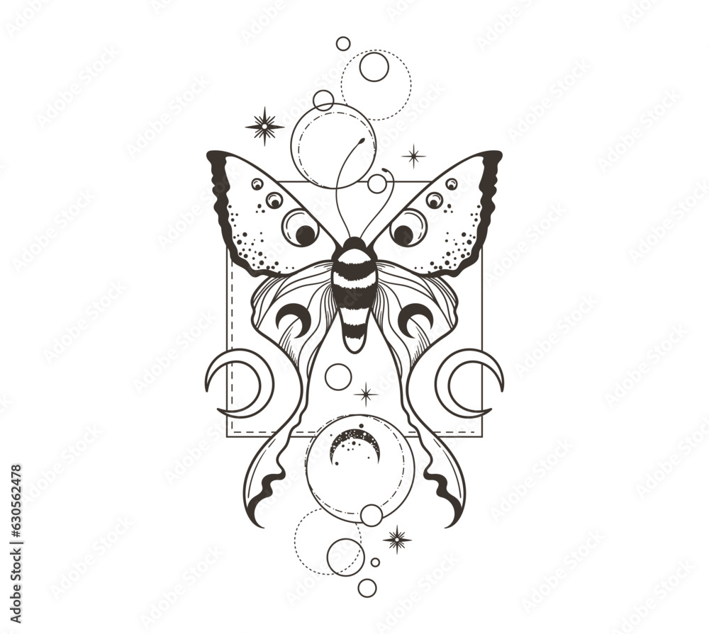 Magic celestial butterfly and moon silhouettes clipart, mystic space ...