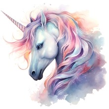 Beautiful Unicorn With Rainbow Color Isolated On A White Background, Watercolor Illustration