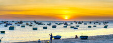 Mui Ne Fishing Village In Sunset Sky With Hundreds Of Boats Anchored To Avoid Storms, This Is A Beautiful Bay In Central Vietnam
