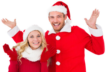 Sticker - Digital png photo of caucasian couple wearing santa claus costumes on transparent background