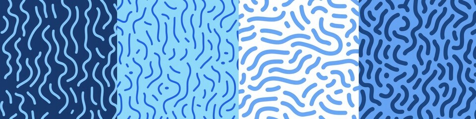 Abstract blue color line doodle seamless pattern set. Creative fun squiggle style drawing background collection with basic shape symbol. Simple geometric scribble wallpaper, Generative AI