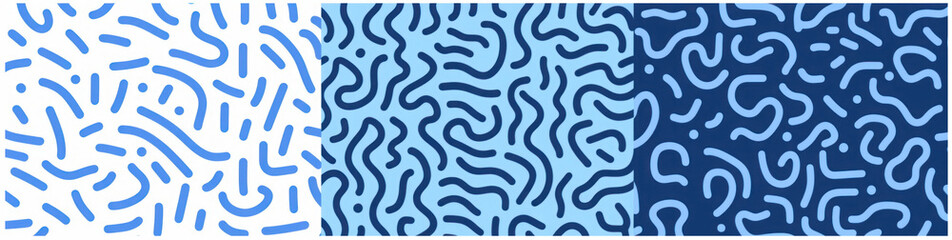 Abstract blue color line doodle seamless pattern set. Creative fun squiggle style drawing background collection with basic shape symbol. Simple geometric scribble wallpaper, Generative AI