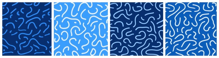Abstract blue color line doodle seamless pattern set. Creative fun squiggle style drawing background collection with basic shape symbol. Simple geometric scribble wallpaper, Generative AI