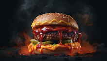 Delicious Burger With Fire Flames