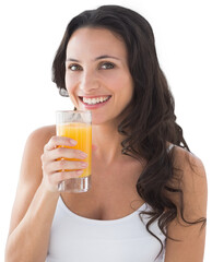 Poster - Digital png photo of happy caucasian woman drinking juice on transparent background