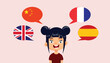 Girl of Asian Ethnicity Talking Multiple Languages Vector Cartoon Illustration. Polyglot child learning many foreign languages 
