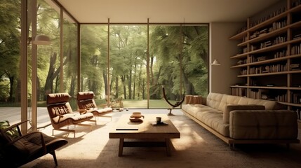 Sticker - Luxury living room in antique color with sofa and summer landscape in window. Scandinavian Interior AI Generative