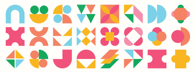 set of abstract retro geometric shapes vector. collection of contemporary figure, flower, circle, li