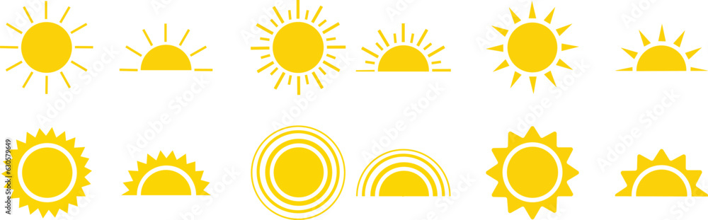 yellow sun icons set, sunshine and solar glow, sunrise or sunset ...