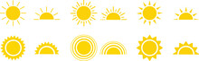 Yellow Sun Icons Set, Sunshine And Solar Glow, Sunrise Or Sunset. Decorative Circle Full And Half Sun And Sunlight. Hot Solar Energy For Tan. Sun Icon On White Background.