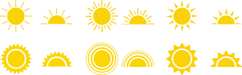 yellow sun icons set, sunshine and solar glow, sunrise or sunset. decorative circle full and half su