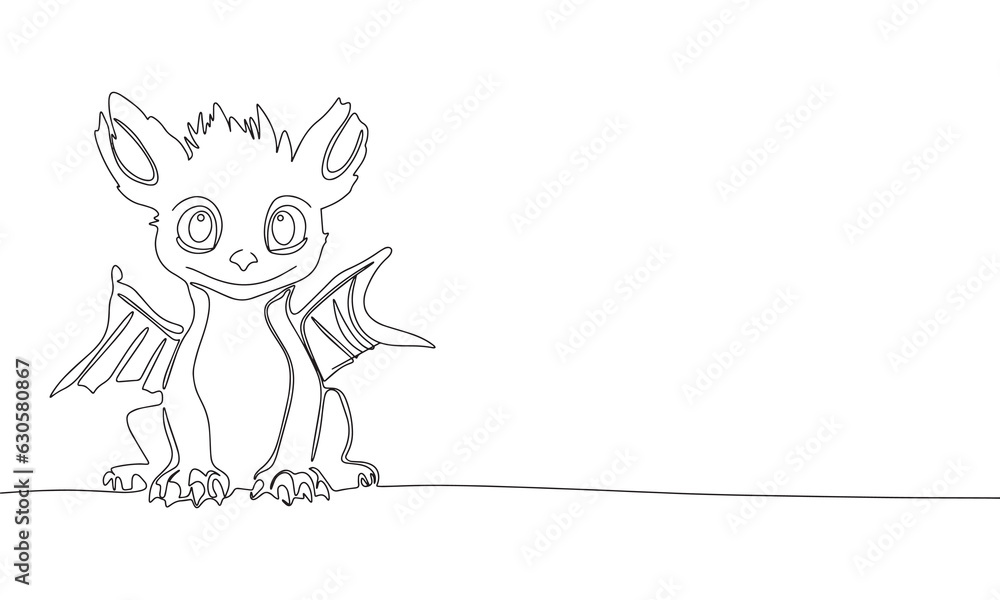 Silhouette of cute little dragon. One line continuous concept banner ...