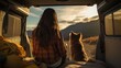 backside of Female tourists sit in a van with dog, with mountain and lakes view. sunlight and bokeh. 